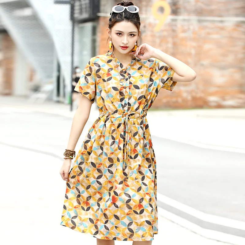 

Women's Mid Length 2021 New Slim Dress Fashion Print Short Sleeve Over Knee Summer Clothes Dresses With Drawstring For Women