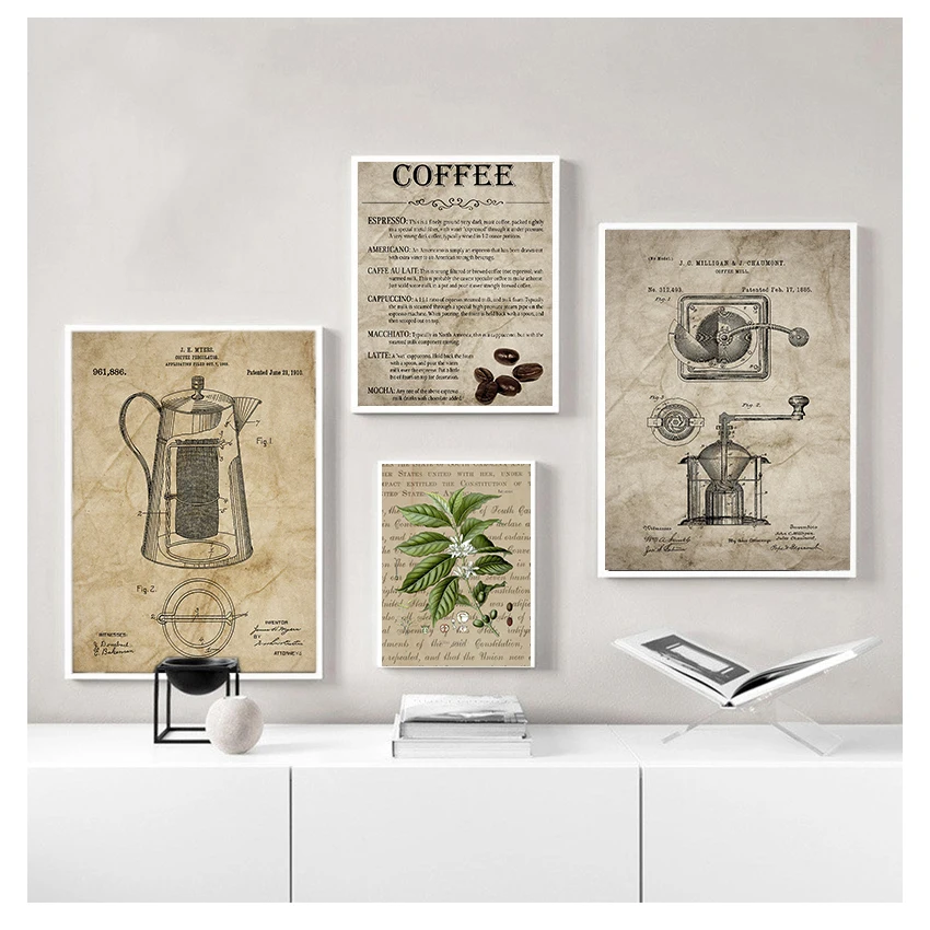 

Coffee Percolator and Coffee Bean Wall Art Canvas Painting Types Of Coffee Picture Home Decor Coffee Making Vintage Poster Print