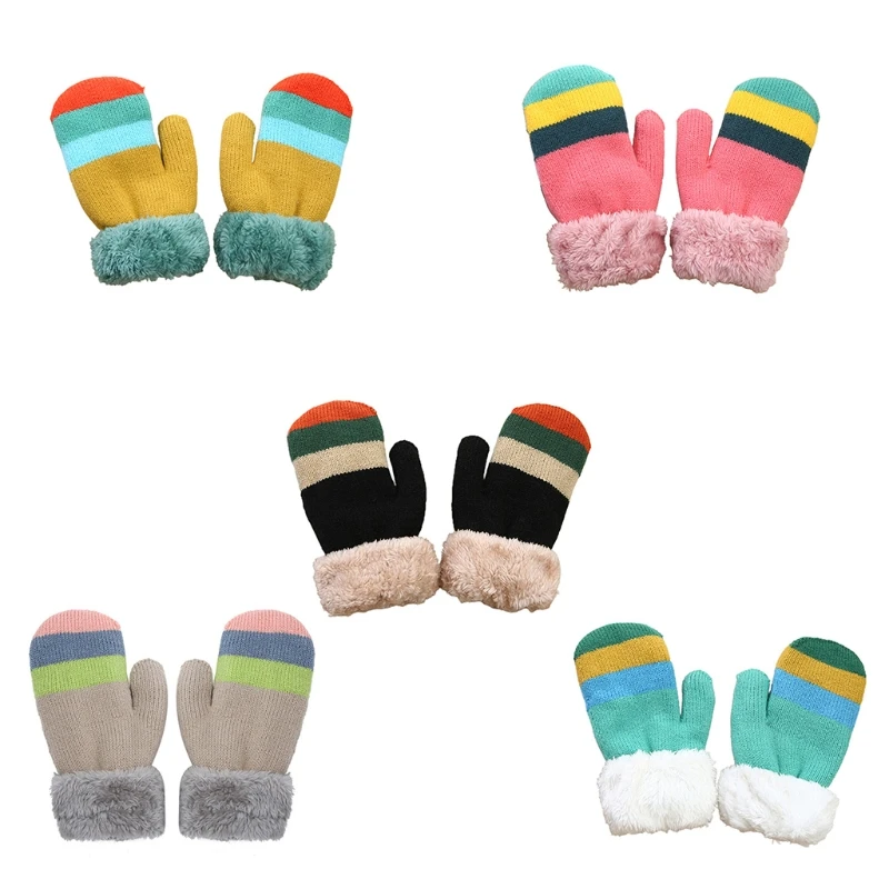 

Toddler Kids Winter Plush Lined Full Finger Mittens Rainbow Striped Knitted Thermal Cold Weather Mittens Hand Warmers