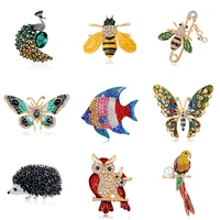 2021 enamel animal brooches for women peacock bee butterfly hedgehog owl flamingo parrot crystal brooch pins party jewelry