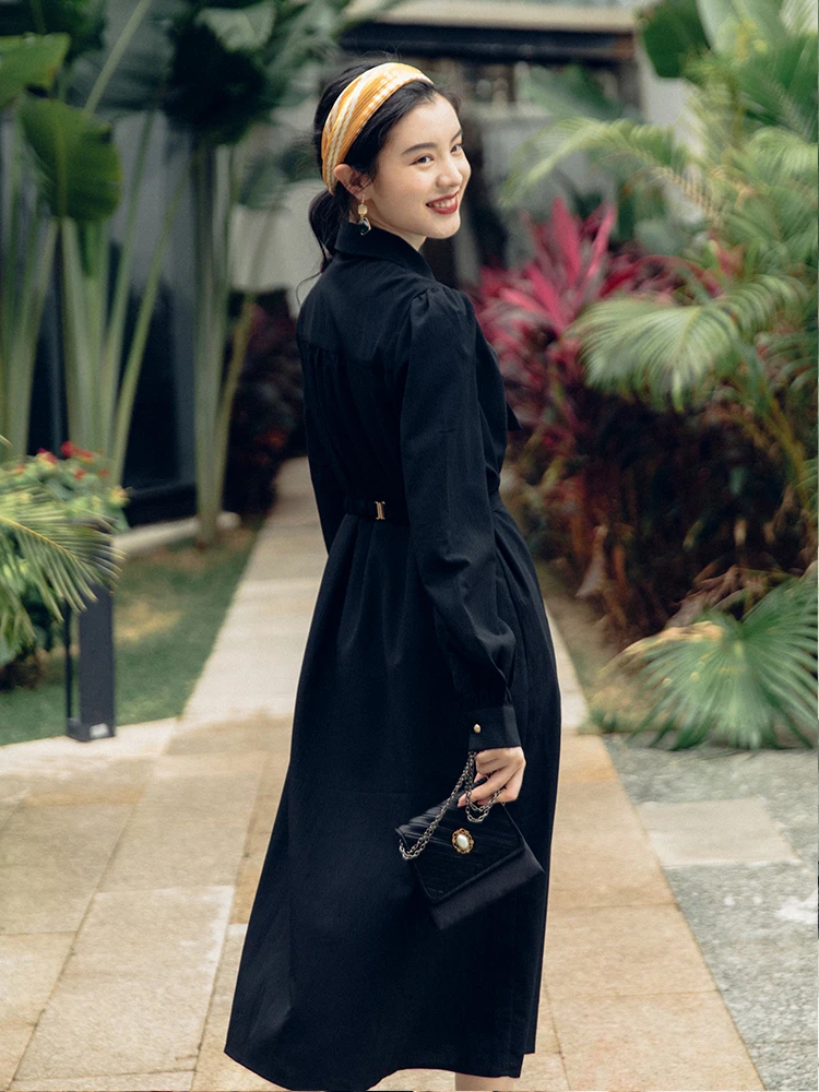 

Spring 2021 New Women's Clothing Long Sleeve Retro Black Shirt Dress Puff Sleeve Bow Lady Dress