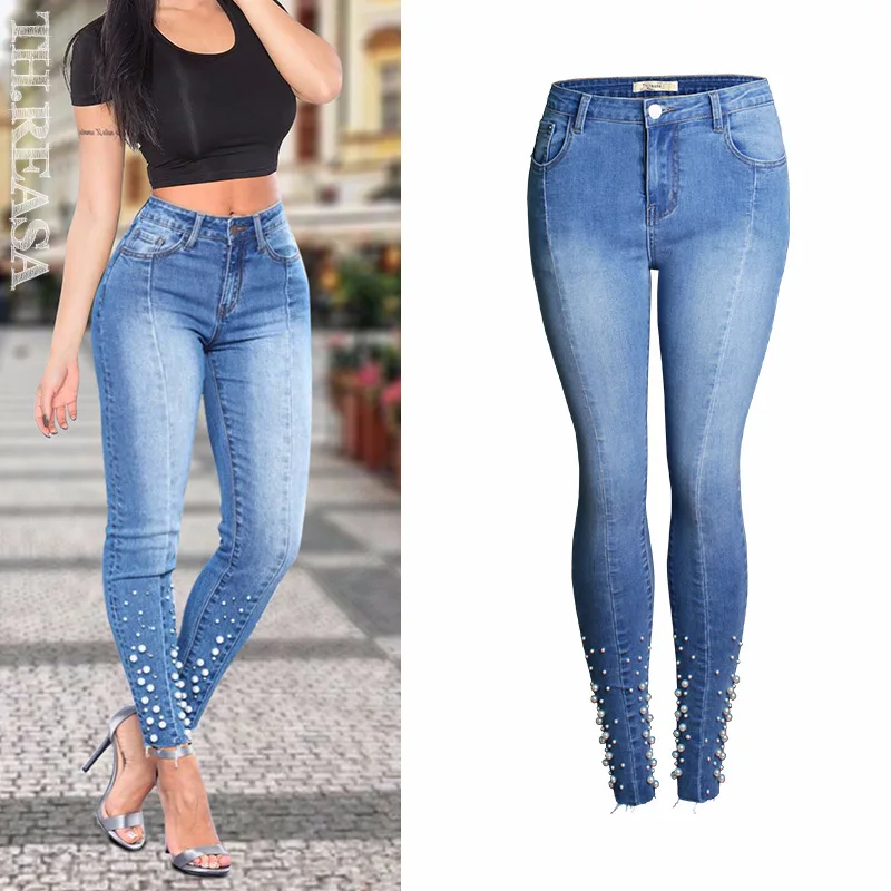 Spring New Jeans Women's Pants Slim Elastic Hip Lifting Thin Nail Bead Leggings Jeans