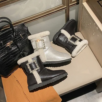 

Square Buckle Rhinestone Snow Boots Women 2020 New Winter Wool Thickened Plus Velvet Cotton Shoes Flat Short Boots 2021