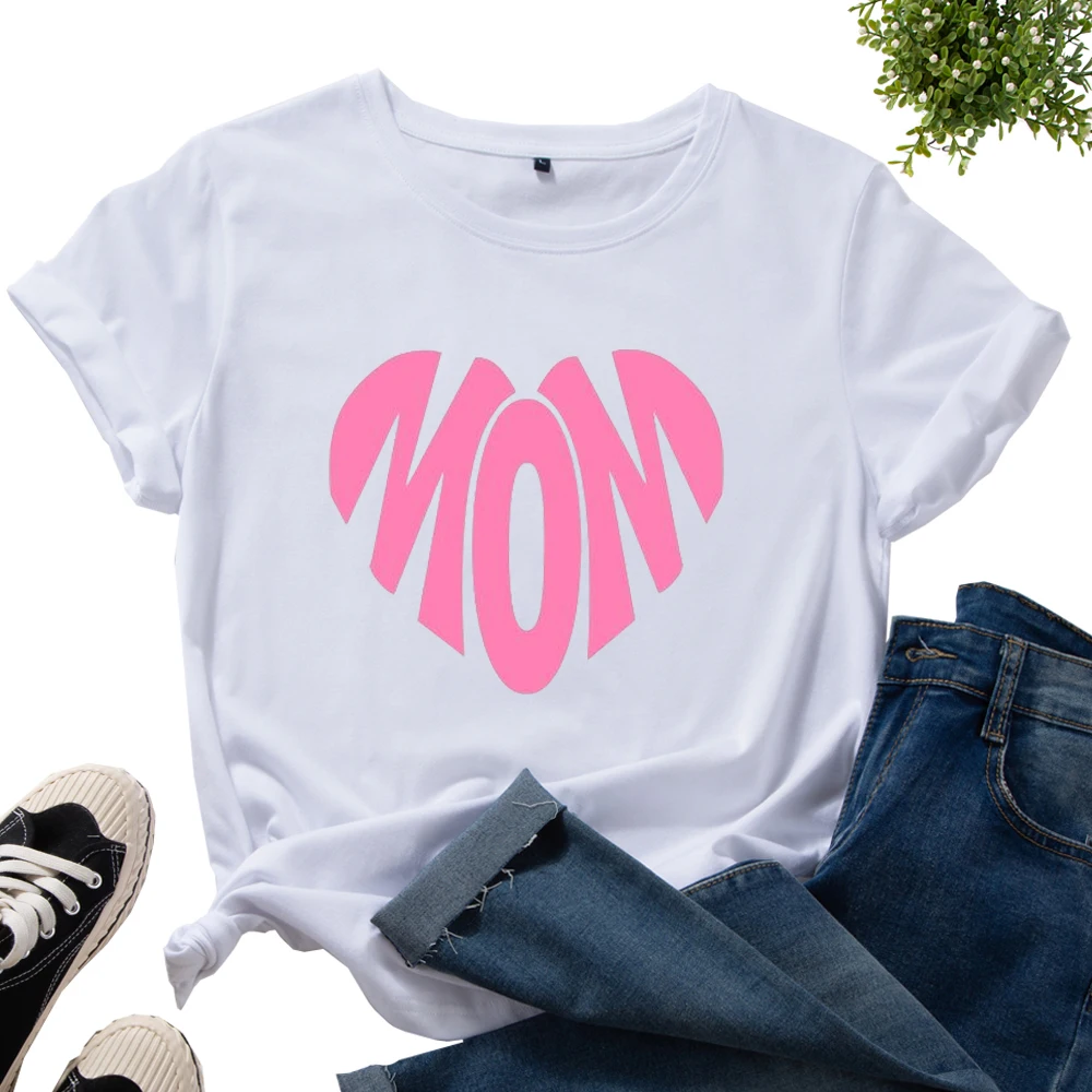 

Heart Love Mother's Day Graphic Tee for Women Woman Cotton Print T Shirts Short Sleeve Crew Neck Summer Tops Female Clothes Mama
