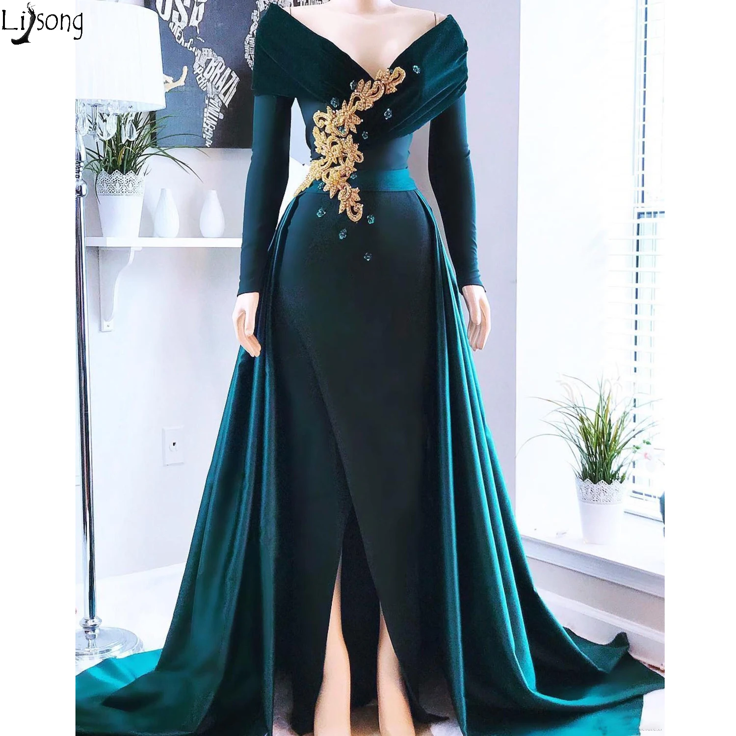 

Hunter Green Evening Dresses With Over Train Front Split Off Shoulder Appliques Beads Formal Prom Gowns Arabic Long Sleeve robes