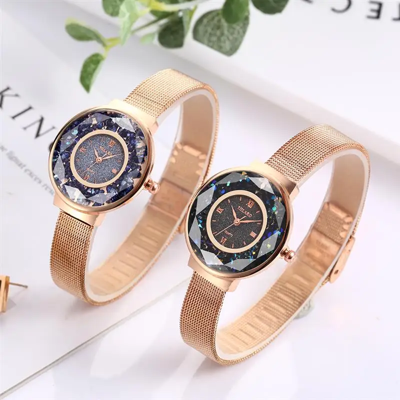Модные женские часы стразы розовое золото сетчатый ремешок нержавеющая сталь