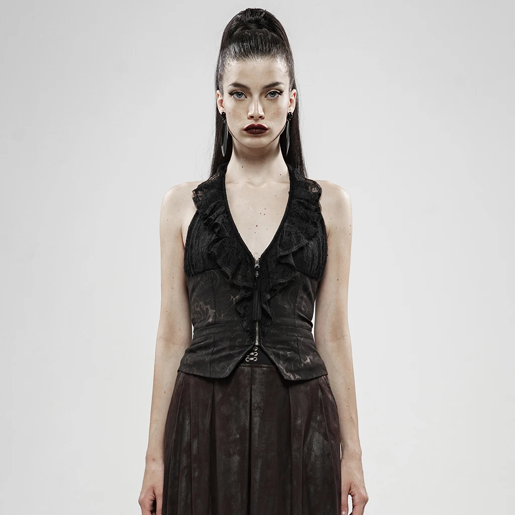 Женский жилет в стиле Панк RAVE черный золотой с темными цветами кружевной