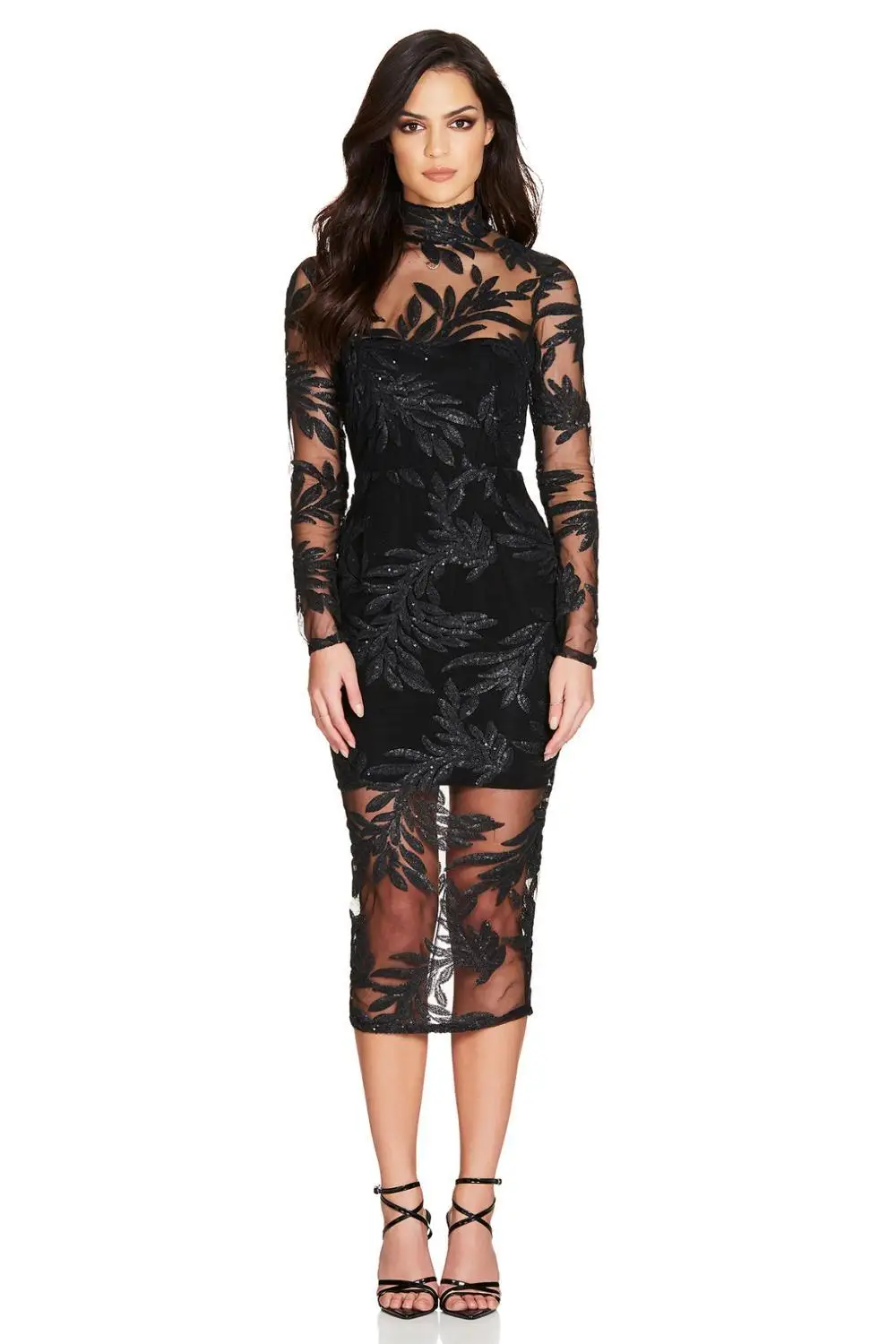 

Высококачественное золотистое черное Сетчатое Бандажное платье из вискозы с длинным рукавом вечернее облегающее платье