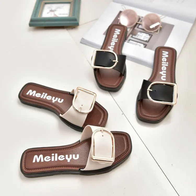 Женские летние шлепанцы черные кожаные с золотой пряжкой женские Вьетнамки