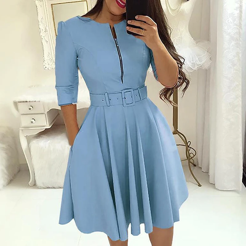 

Solid Dress 2021 Women Mini Beach Dress A-Line Three Quarter Sleeve O-neck Sexy Party Dress Vestidos de fiesta
