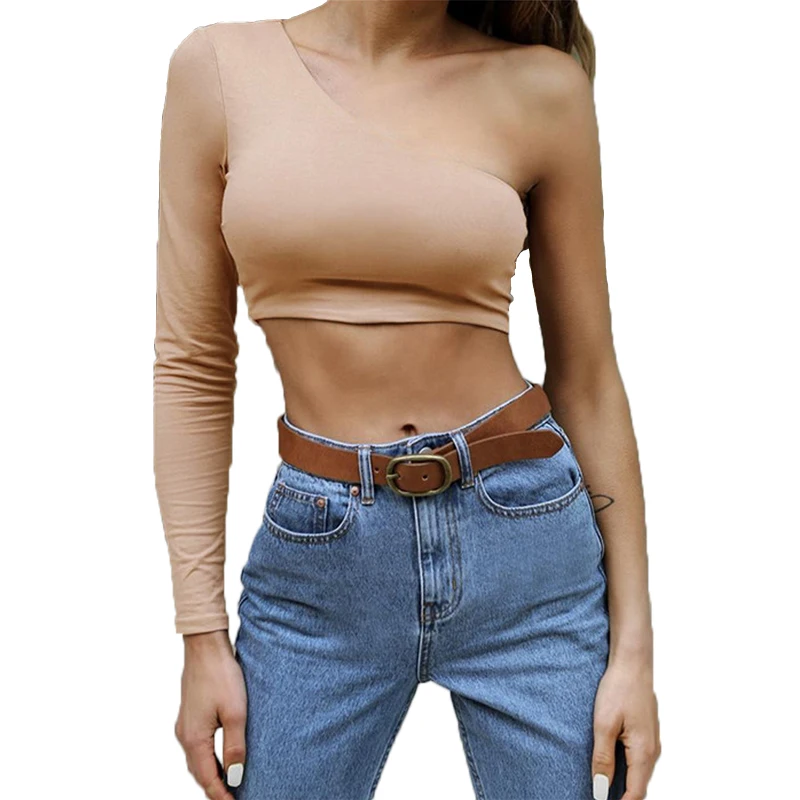 Женская облегающая футболка без рукавов однотонная с открытым плечом и длинным