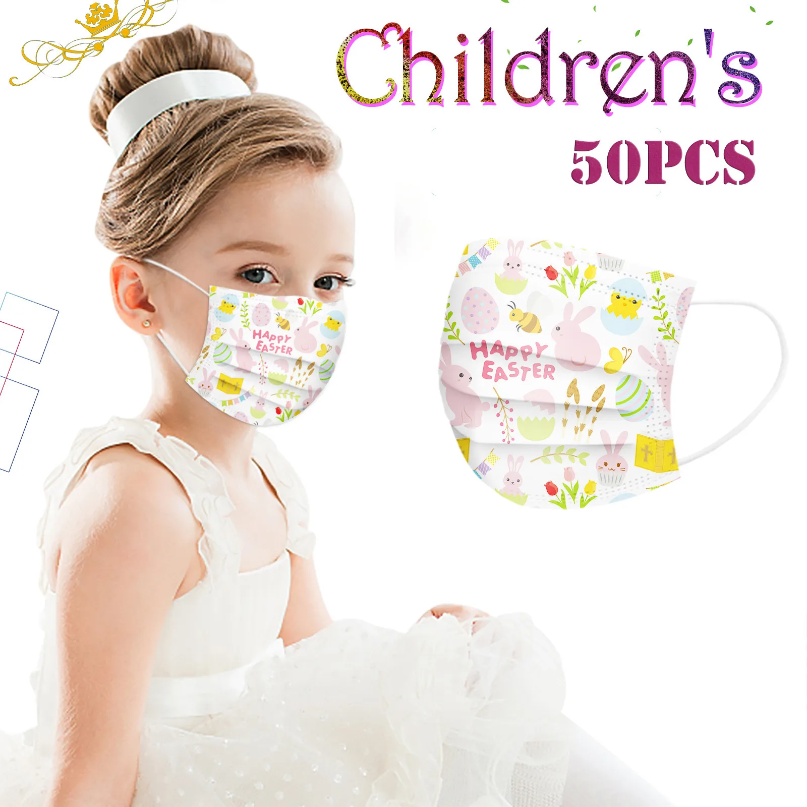 

50-100pcs Easter Mouth-muffle Masks Kids Children's Cartoon Mask Disposable Protection Three Layer Face Mask Anime Mascari