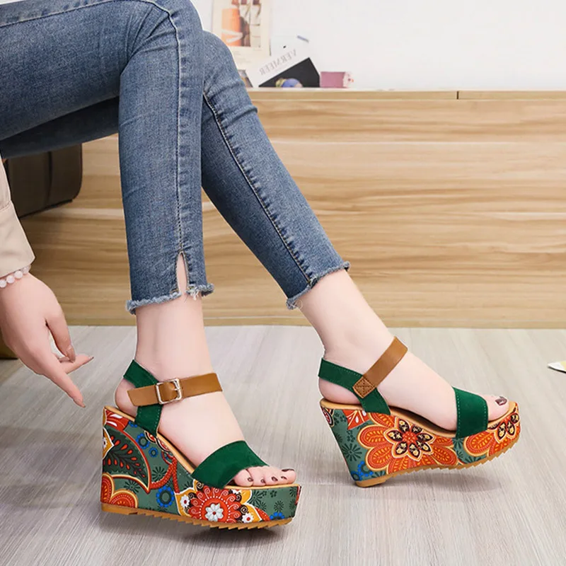 

Women Sandals Shoes Printing Slope Heel High Waterproof Platform Ladies Ankle Strap Female Round Toe Summer Fashion Colorful