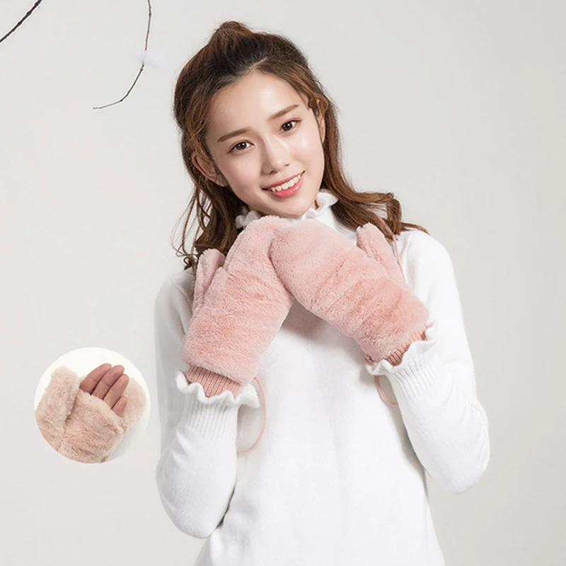 

Winter Women Cashmere Mittens Fashion Hanging Neck Faux Rabit Fur Thick Cycling Driving Gloves Even Fngers Knit Warm Gloves