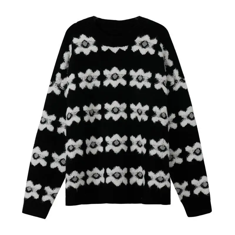 

MosiMolly 2021 SW Floral Jacquard Sweater Pullovers O Neck Cute Pretty Women Sweater Jumper Knits Loungewear