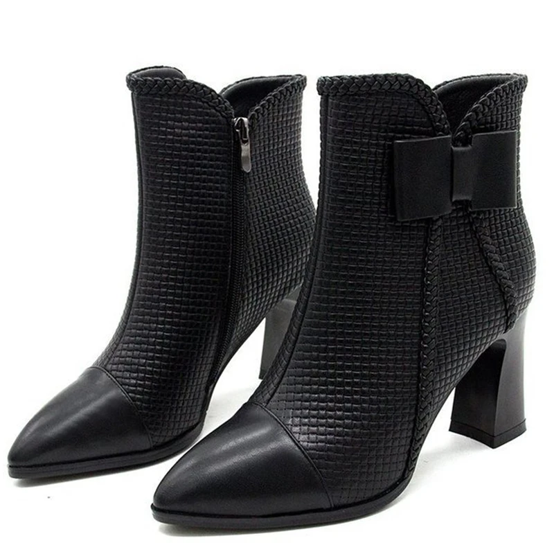 

New Ankle Boots Women Pointed Toe Thick Heels PU Leather Shoes Short Boots Soft Sole Footwear Plus Size 35-43 Bowknot