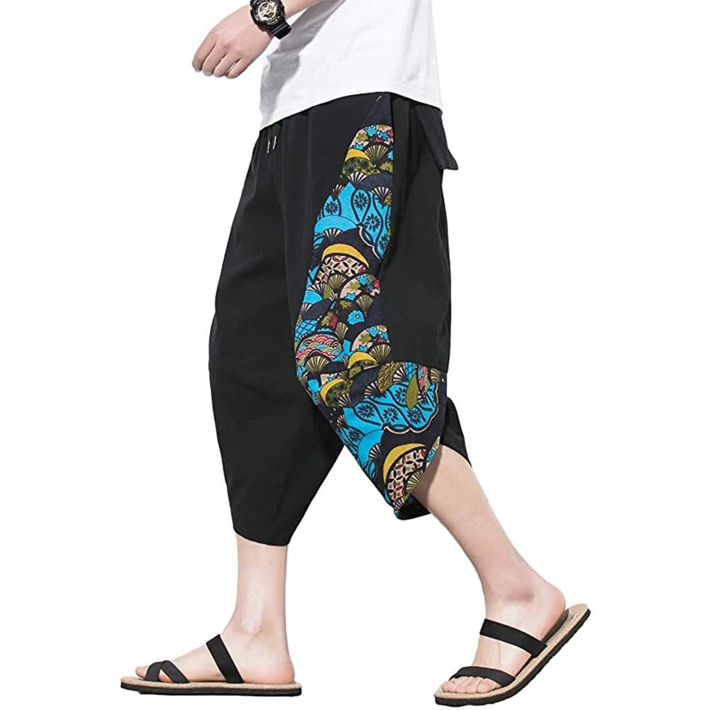 

Men Harem Pants Cotton Linen Printed Elastic Waist Loose Wide-Leg Cropped Trousers Waist Drawstring Pant Cotton Linen Breathable