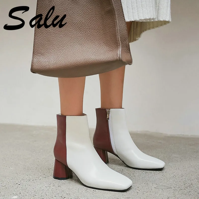 

Salu New Autumn Winter Quality Cow Leather Women Ankle Boots Zipper High Heels Short Boots Party Shoes Woman