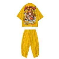 fashion kimono yellow cartoon japanese style sets plus size beach harajuku men women cardigan haori obi asian clothes pant suit