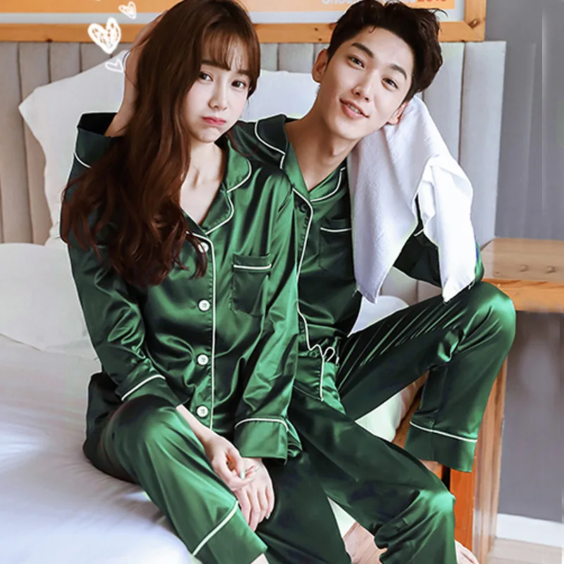 Couples' Pajamas Women's Spring Autumn Long Sleeve Silk Simulation Thin Style Plus Large Size Men's Home Suit Female Sleepwear