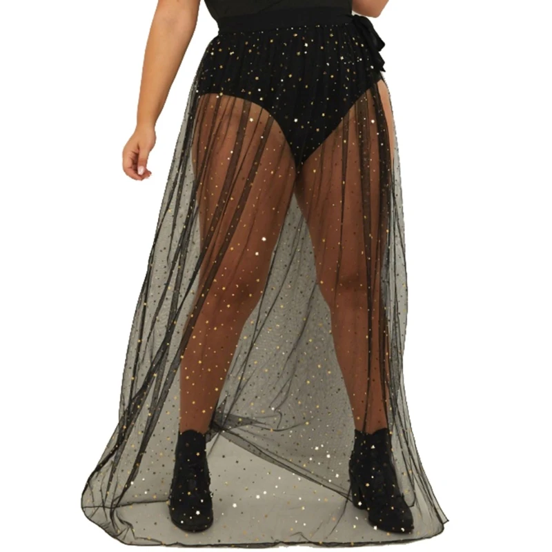 

Women Shiny Sequins Sexy Swimsuit Bikini Cover Up Summer Wrap Maxi Long Skirt Sheer Mesh Side Slit Lace-Up Bandage Beach BX0A