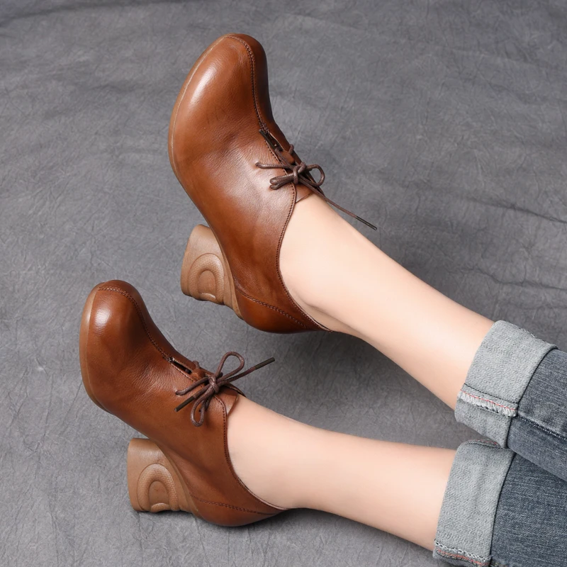 

2020 spring autumn new leather women shoes high heels Round head thick heel heeled shoes woman Cowhide Brown black heels ladies