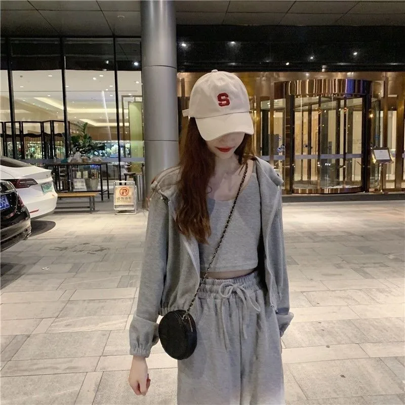 Women 3 Piece Set Solid Color Zip Hooded Drawstring Sweatshirts + Sexy vest+ Stretch Waist Casual Pants Fashion Suit tracksuit |