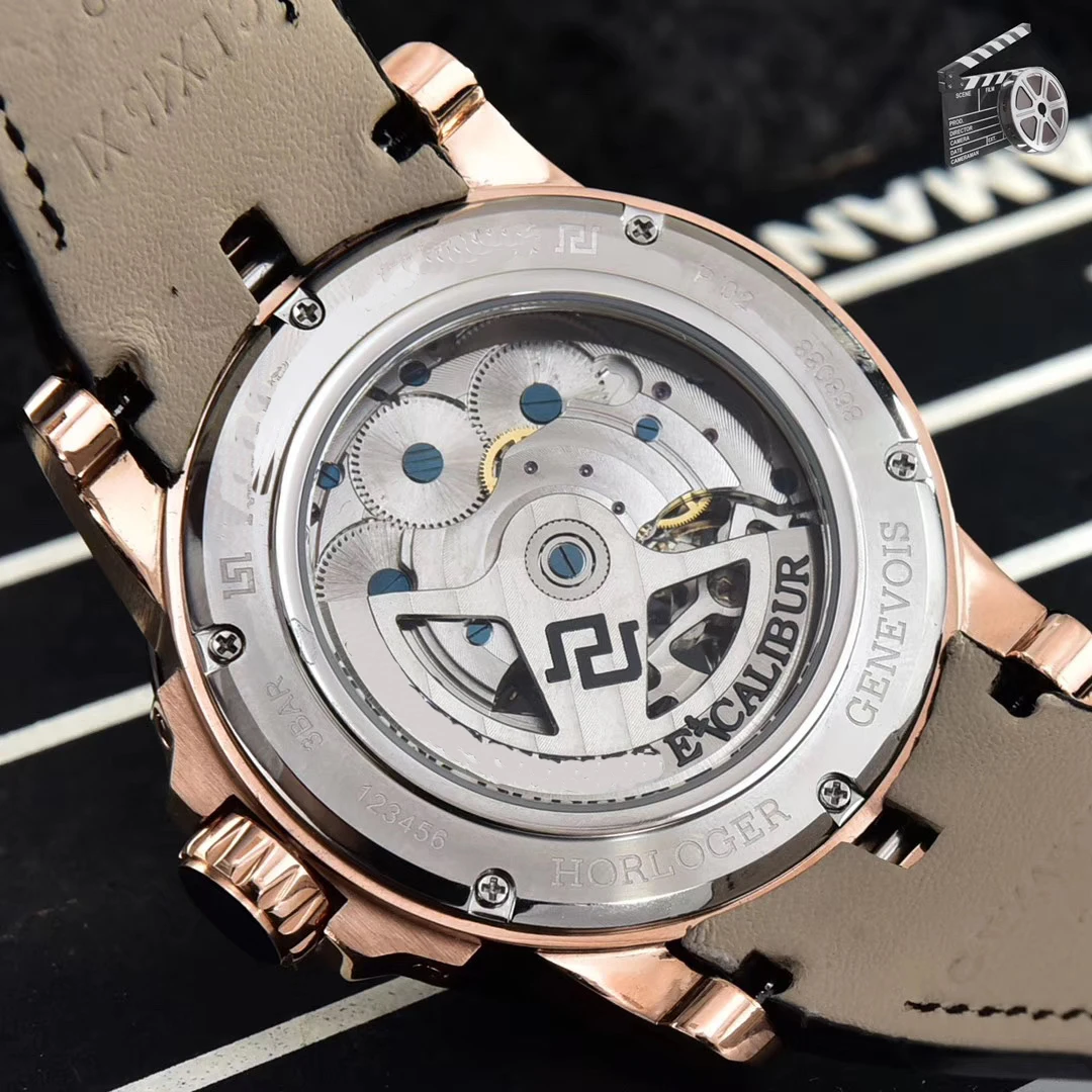 

Luxury New Men Automatic Mechanical Watch Rose Gold Black Brown Leather Two Tourbillion 10 Sapphire Watches 47MM Skeleton