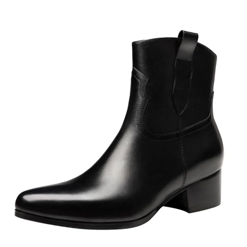 

Autumn Winter Men's High Heel Genuine Leather Boots Black Borwn Trendy Pointed Toe Zipper Business Office Work Chelsea Men Boots