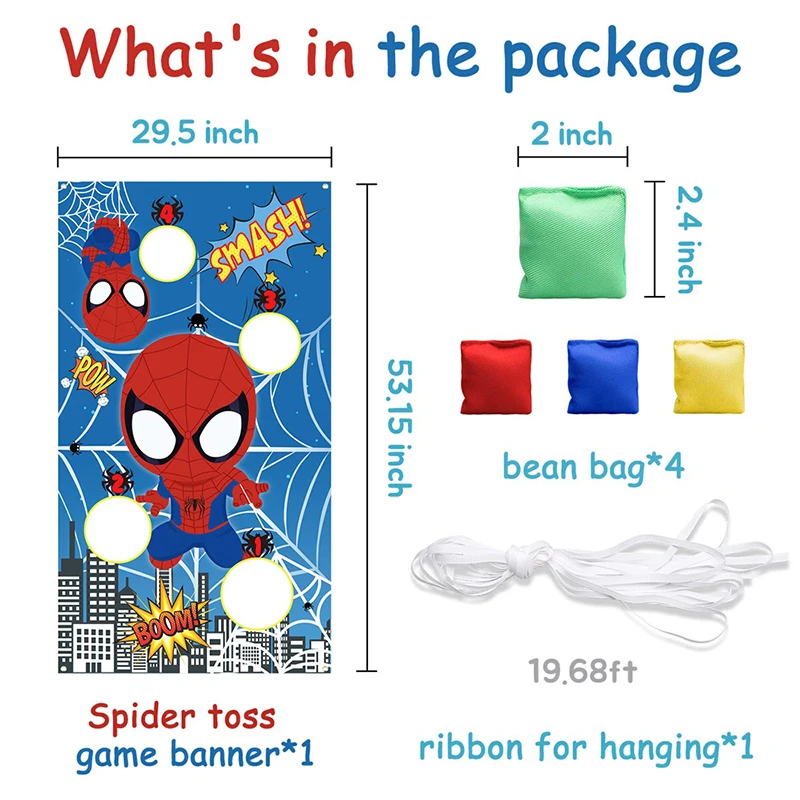 

Spider Superhero Toss Game Banner with 4 Bean Bags Fun Indoor Outdoor Activities for Children Themed Throwing Games Supplies Set