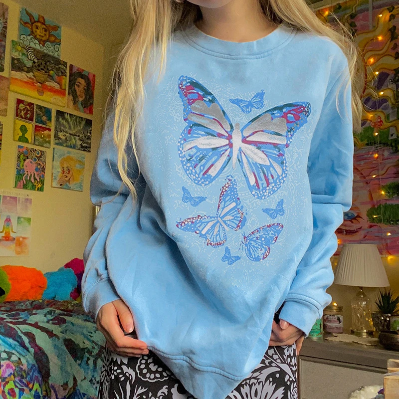 

Fashion Sweatshirt Print Butterfly Long Sleeve Graphic Pullovers Woman Casual Sweatshirts Y2k Female Top Aesthetic Harajuku