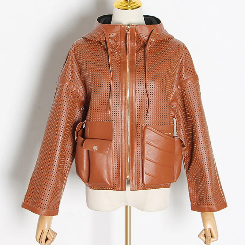 Повседневные открытые Куртки из искусственной кожи для женщин с капюшоном и