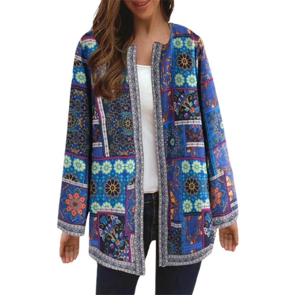 

Women Cardigan Coat 2021 Ethnic Print Pockets Autumn Winter Long Sleeve Open Stitch Jacket for Daily Wear for Party
