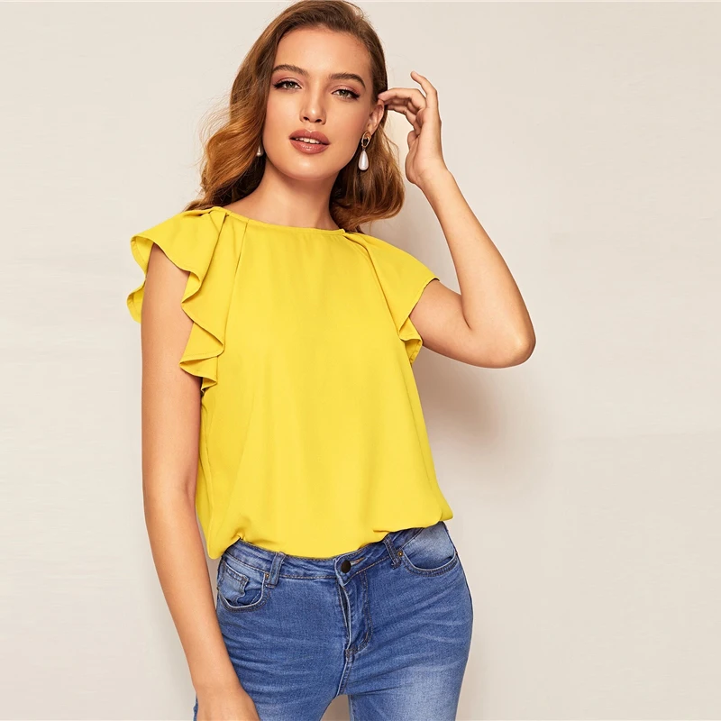 SHEIN модная повседневная однотонная блуза с завязками на спине, реглан, гофрированные плечи,, милые летние офисные женские топы с коротким рукавом и блузки
