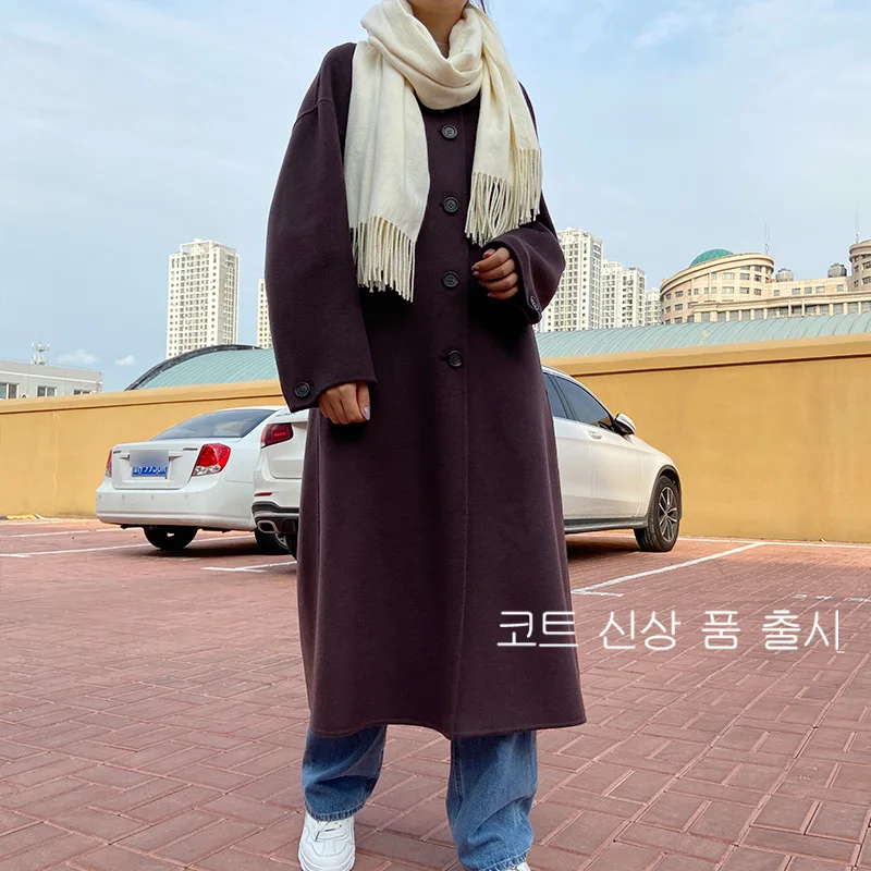 

Winter 2020 Casual X-Long Loose Double Sided Woolen Overcoat Women Korean Single Breasted Pure Color 100% Wool Coat Jacket
