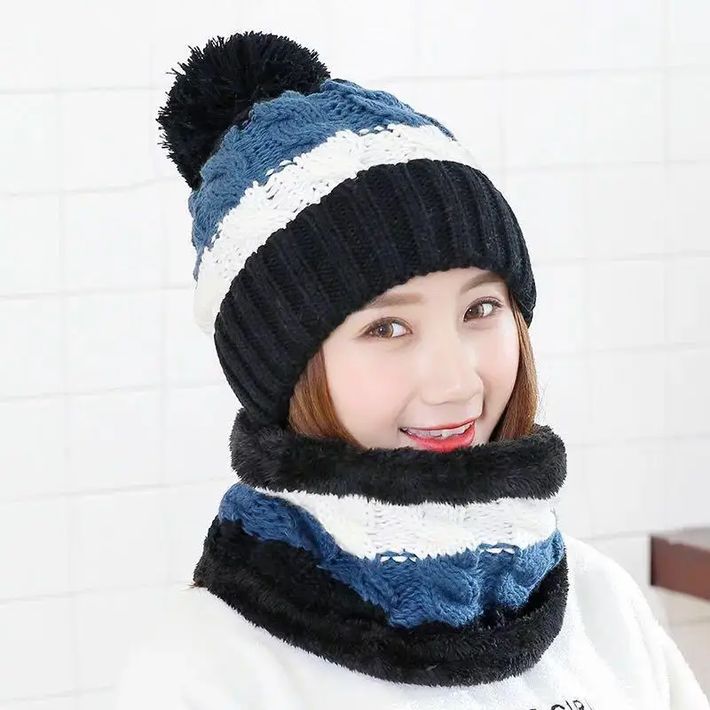 Fashion Winter Hat Scarf Set For Women Girl Warm Beanies Cap Lady Ring Scarf Pompoms Winter Hats Knitted Caps Scarf 2 Pieces