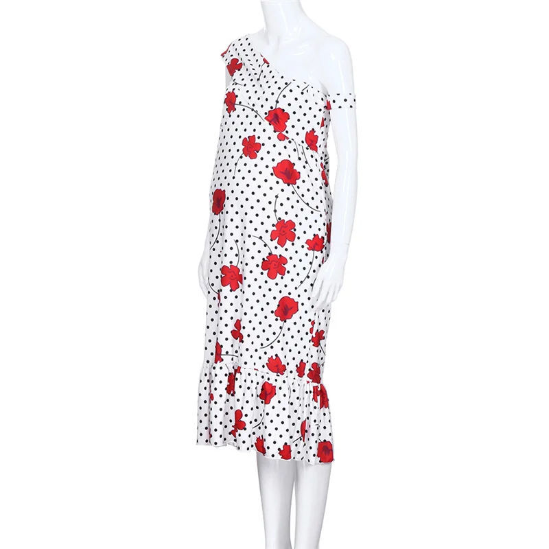 

Polka Dot Flower Print Slant Shoulder One Line Collar Loose Pregnant Women's Dress