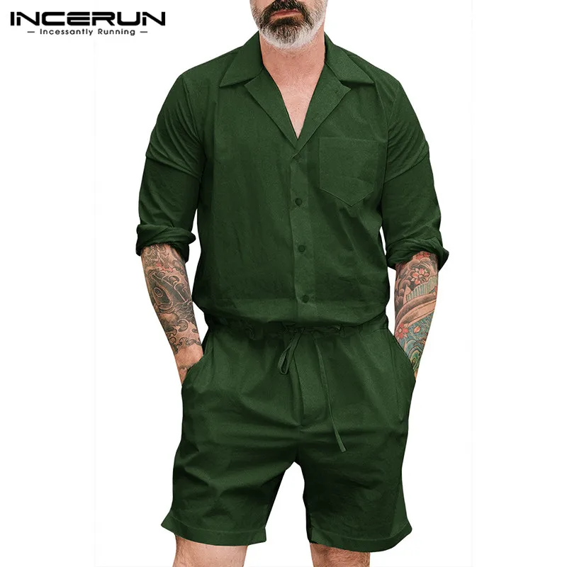 

INCERUN Men Solid Color Rompers Short Sleeve Fashion Longsleeve Lapel Drawstring Casual Jumpsuits Summer Leisure Overalls 2021