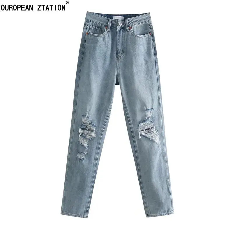 

Джинсы женские рваные с боковыми карманами, модные шикарные винтажные брюки из денима на молнии, с завышенной талией, до щиколотки
