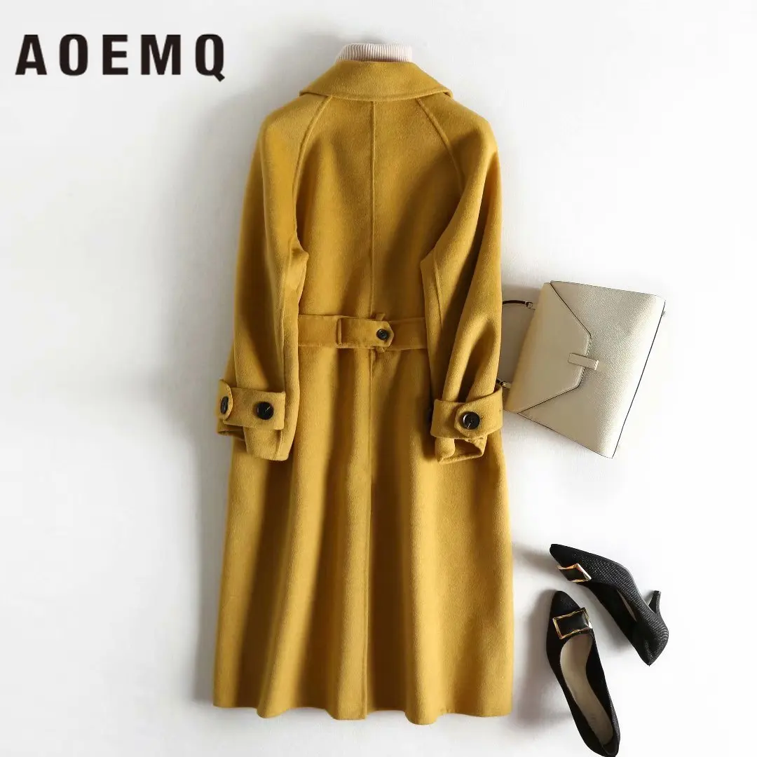 AOEMQ Модные женские макси комплекты осень зима сезон шерсть теплое пальто модель длинное пальто с поясом женский комплект одежды