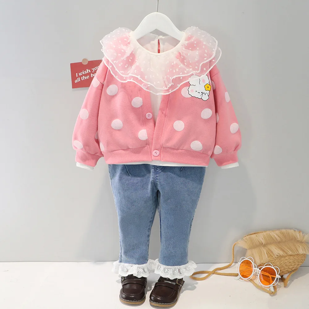 Комплект для маленьких девочек футболка с длинным рукавом + кардиган джинсы