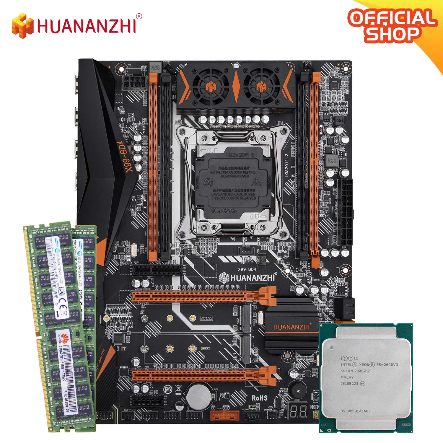 Bestellen HUANANZHI X99 BD4 X99 Motherboard Mit Intel XEON E5 2690 V3 Mit 2*16G DDR4 RECC Speicher Combo Kit Set NVME NGFF SATA USB 3,0