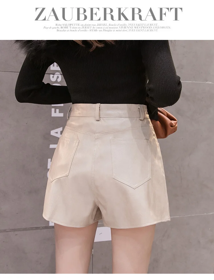 Осенне-зимние юбки из искусственной кожи, женские шорты с высокой талией, широкие шорты с элегантными пуговицами больших размеров, короткие брюки femme
