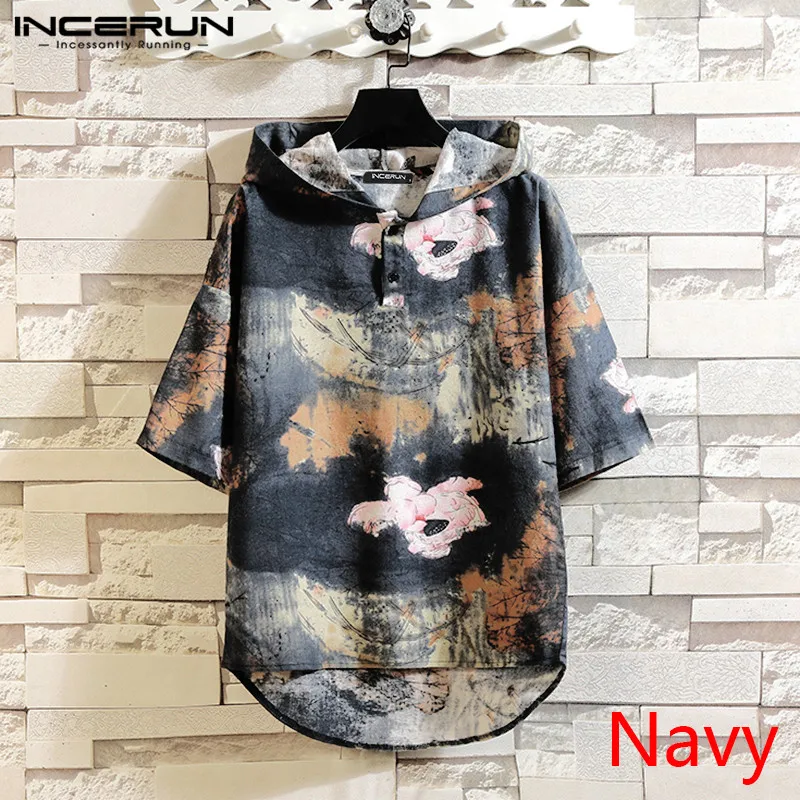 Men Hooded Half Sleeve Shirt Vintage Printed Shirts Casual Loose Buttons Pullovers Man Cotton Thin Sweatshirt Camisa Plus Size 7 | Мужская