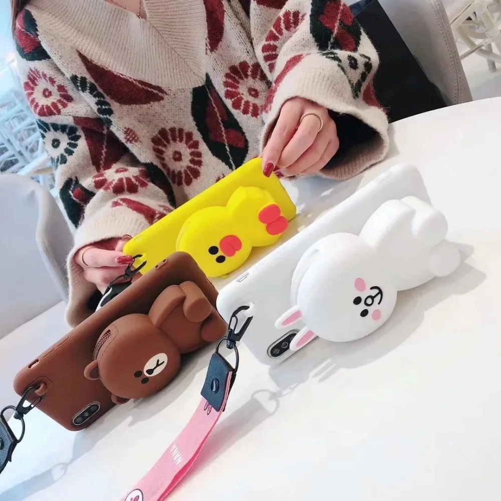 3D Bear Wallet Soft Silicone Case For iPhone X XR XS Max 8 7 6 6S Plus Samsung Galaxy S8 S9 S10 Note 9 Cover With lanyard |