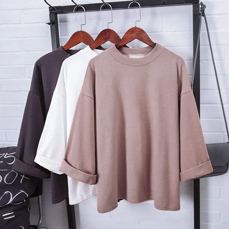 Newly Fashion Women 3/4 Sleeves T-shirt Oversize Loose Round Neck Minimalist Autumn Tops IR-ing | Женская одежда