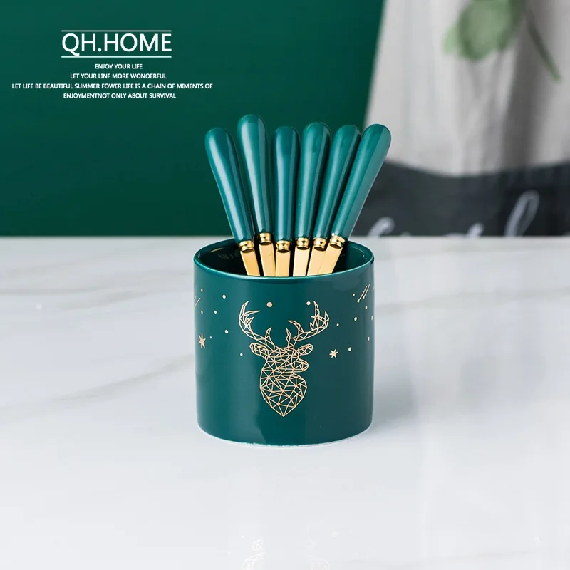 

6pcs Dining Forks Stainless Steel Fruit Fork Light Luxury Ceramic Stainless Steel Fork for Party Dessert Cake ForkTableware Set