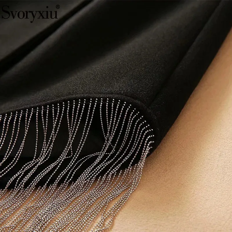 

Svoryxiu Fashion Runway Winter Black Wool Blend Overcoat Outwear Women's Elegant Long Sleeve Tassel Long Jackets Coat