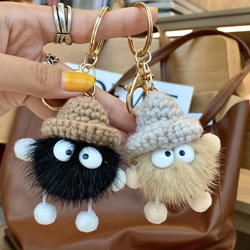 

Keychain Fur Big Eyes Long Legs Knit Hat Mink Small Briquette Key Chain Cute Bag Decoration Trinket 2022 New Year