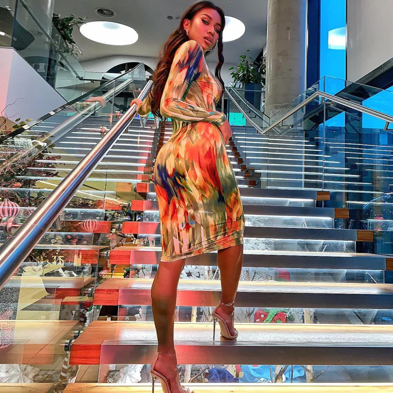 Тай-дай облегающее миди платье Сезон весна-осень Женские пикантные вечерние